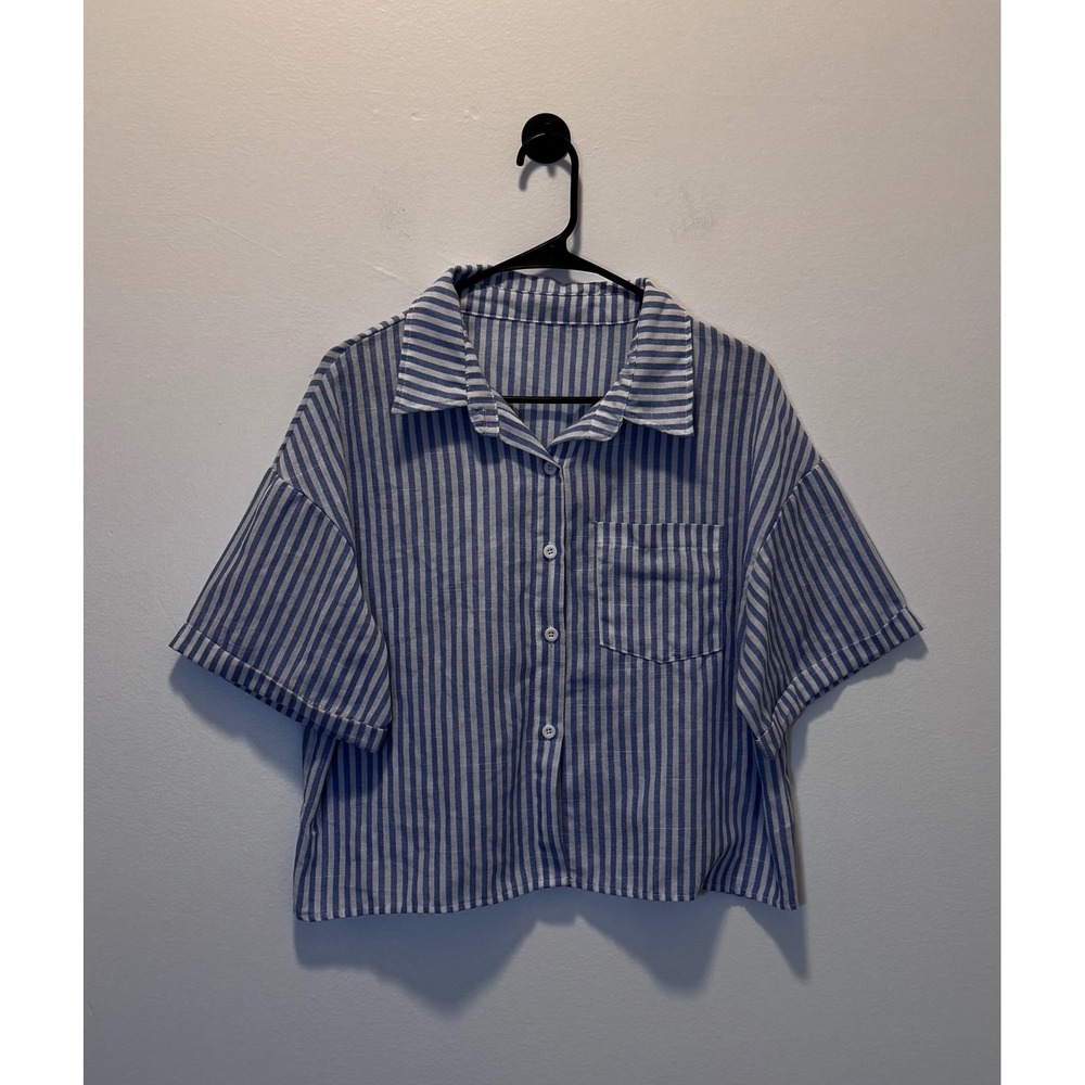 Shein Curve Blue White Striped Short Sleeve Button Down Cropped Shirt 0XL
